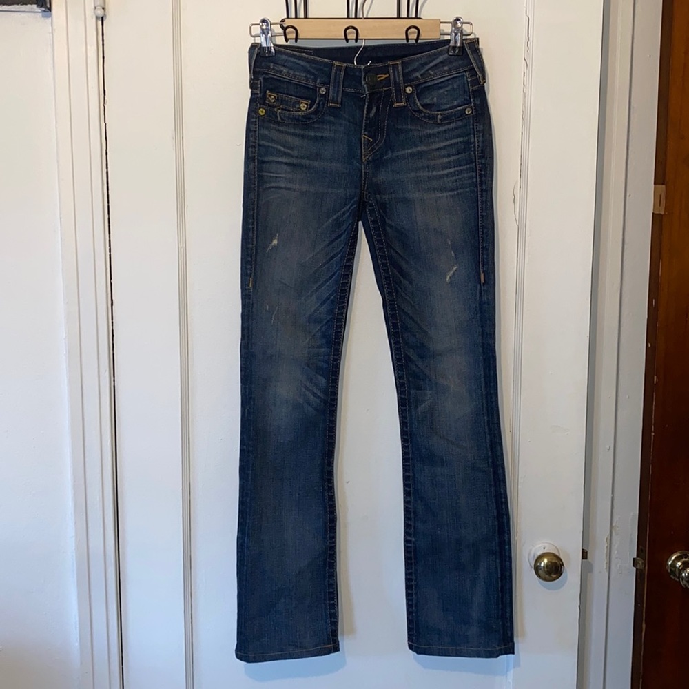True Religion straight leg denim jeans with small distressing